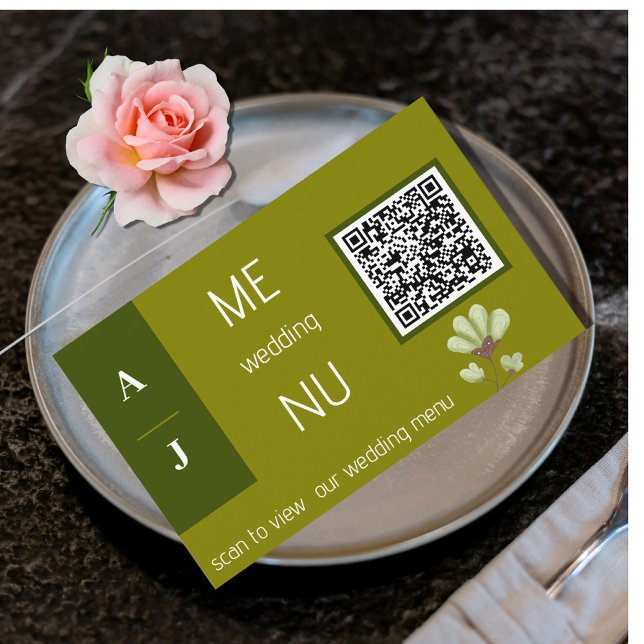 Simple Green QR Code Wedding Table Menu Cards (Creator Uploaded)