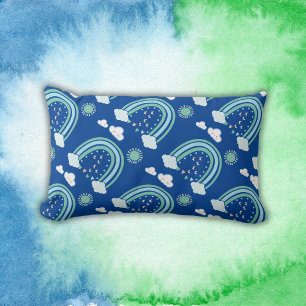 Simple Green Rainbow Boho on Blue Lumbar Cushion