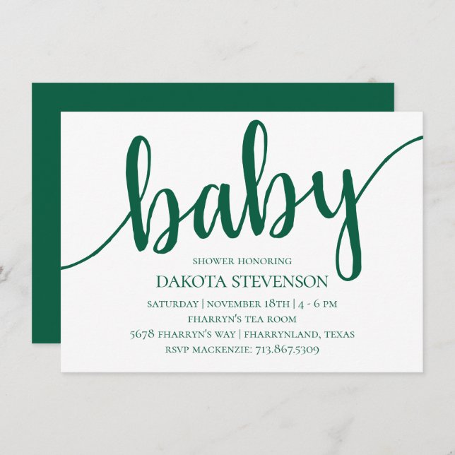 Simple Green Script | Bold Hunter Baby Shower Invitation (Front/Back)