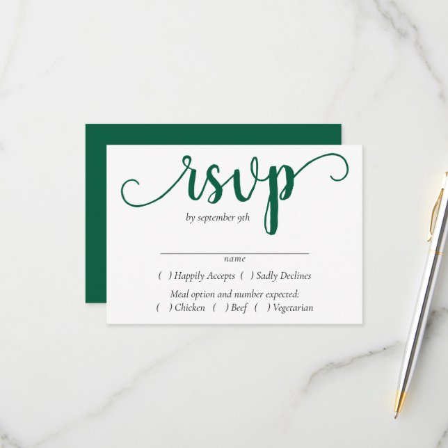Simple Green Script | Hunter Flourish Event Entree RSVP Card (Front/Back In Situ)