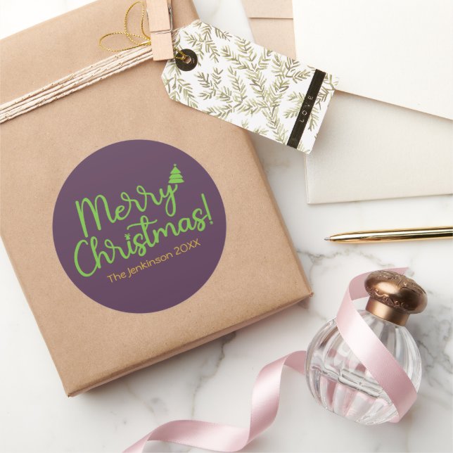 Simple Green Script Merry Christmas on Violet Classic Round Sticker (Gifting)