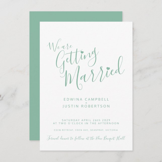 Simple green script text on white wedding invitation (Front/Back)