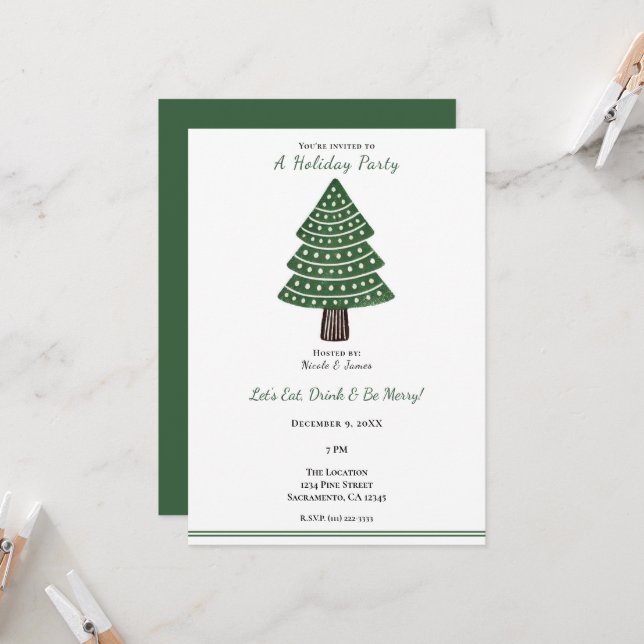 Simple Green Stamp Christmas Tree Minimal Holiday Invitation (Front/Back In Situ)