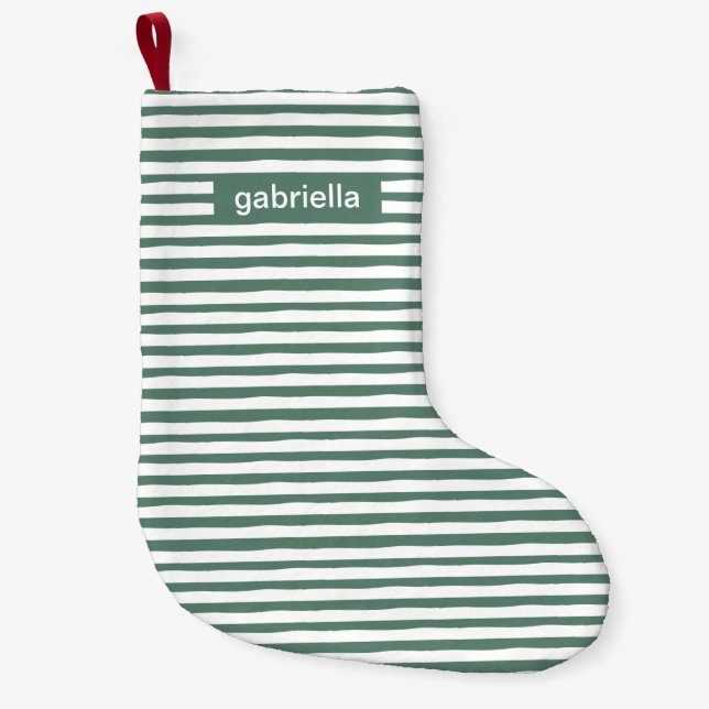 Simple Green Stripes with Name Small Christmas Stocking (Front)
