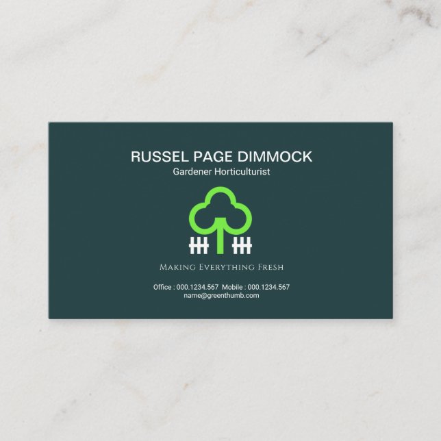 Simple Green Tree White Picket Fence Gardener Business Card (Front)