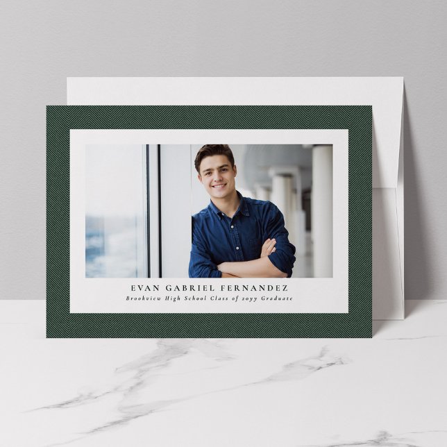 Simple green tweed frame classic photo graduation announcement (Creator Uploaded)