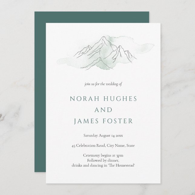 Simple Green Watercolor Mountain Nature Wedding Invitation (Front/Back)