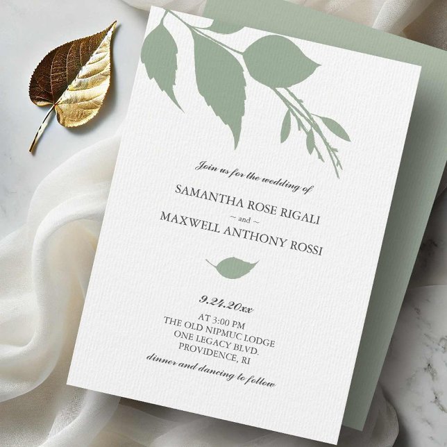Simple Green Wedding Invitation (Sage green wedding invitations modern minimalist leaves design Victoria Grigaliunas Do Tell A Belle)
