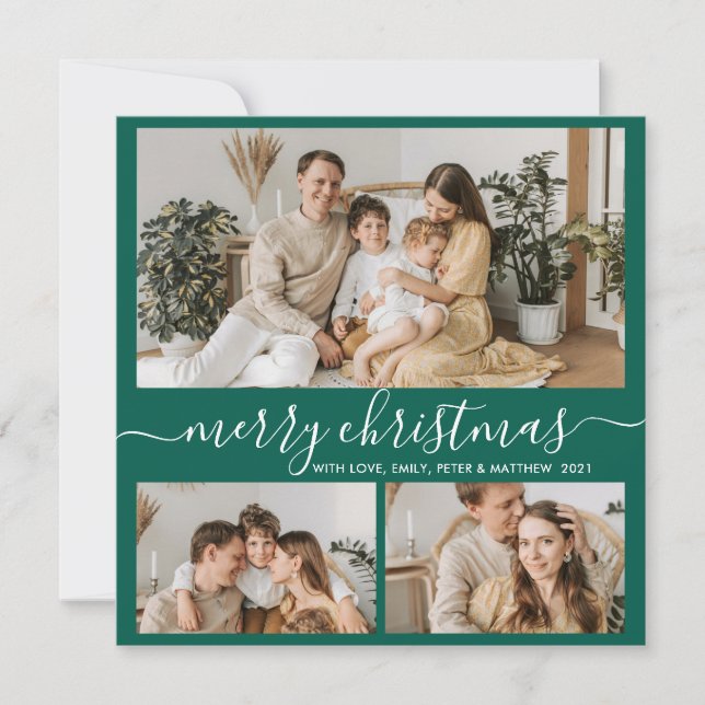 Simple Green White 3 Photo Collage Christmas Holiday Card (Front)