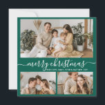 Simple Green White 3 Photo Collage Christmas Holiday Card<br><div class="desc">Elegant, Simple, Handwritten Calligraphy Green and White 3 Photo Collage Merry Christmas Script Holiday Card. This festive, minimalist three (3) photo holiday card template features a nice photo collage and says „Merry Christmas”! The „Merry Christmas” greeting text is written in a pretty hand lettered swirly swash-tail font in white on...</div>