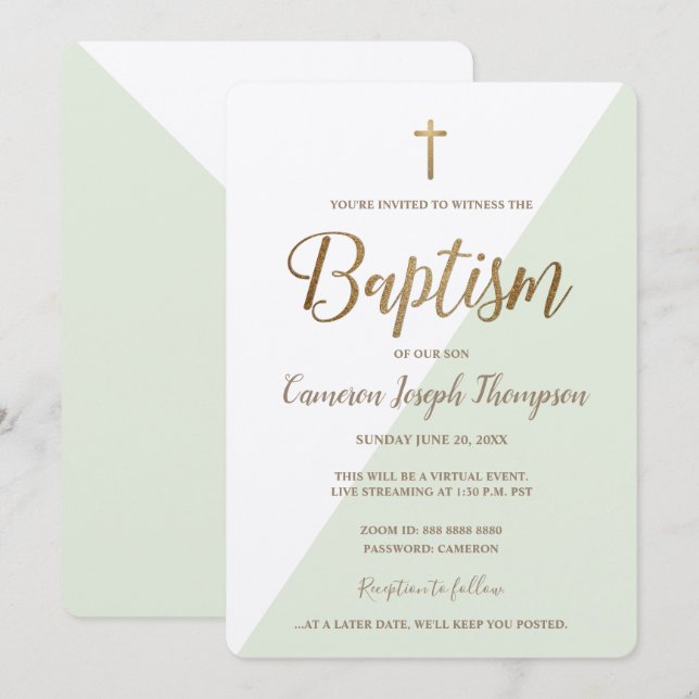 Simple Green White Gold Cross Virtual Baptism Invitation (Front/Back)
