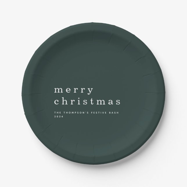 Simple Green White Typography Merry Christmas Paper Plate (Front)