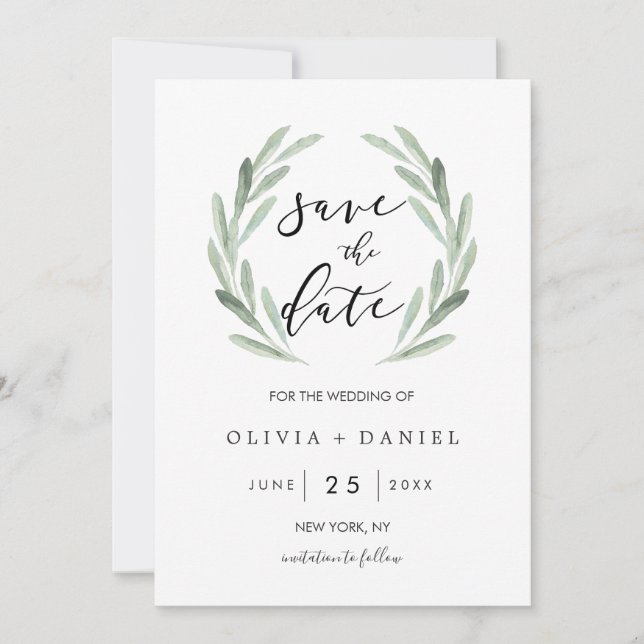 Simple Green Wreath Rustic Wedding Save the Date (Front)