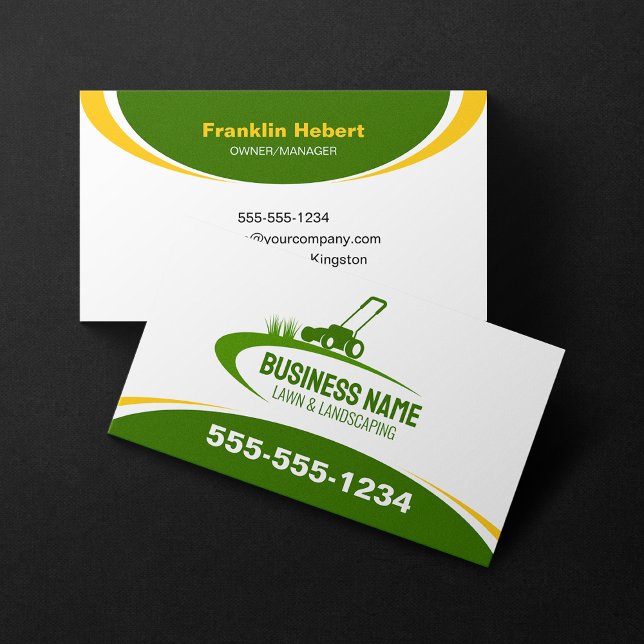 Simple Green Yellow Lawn Landscaping Mowing Business Card (Creator Uploaded)