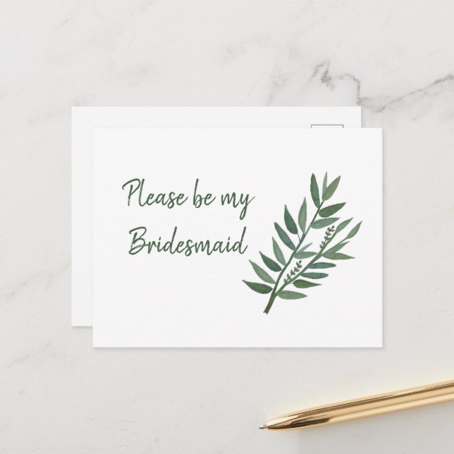 Simple Greenery Botanical Bridesmaid Proposal  Postcard (Front/Back In Situ)