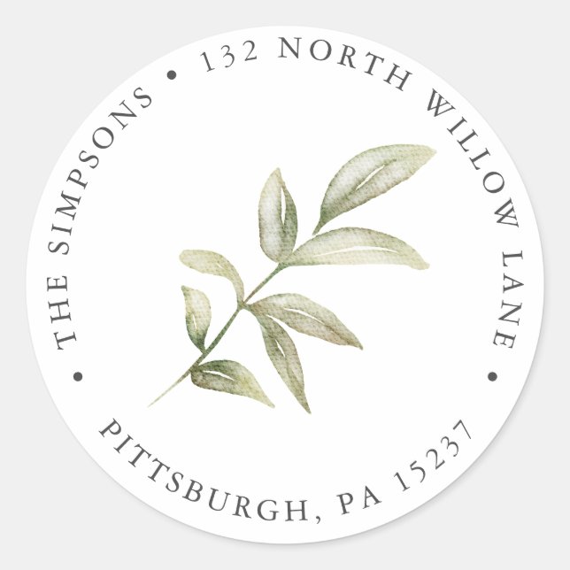 Simple Greenery Branch Return Address Classic Round Sticker (Front)