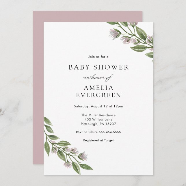 Simple Greenery Branches with Lavender Baby Shower Invitation (Front/Back)