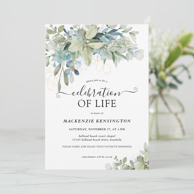 Simple Greenery Celebration of Life Memorial Invitation (Standing Front)