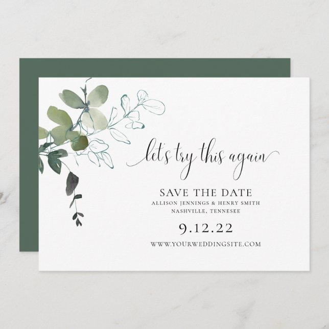 Simple Greenery Change the Date Wedding Save The D Save The Date (Front/Back)