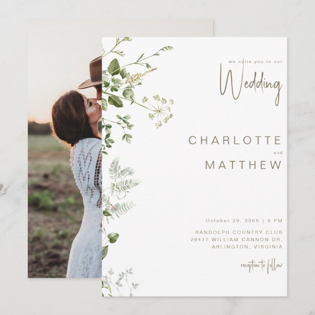 Simple Greenery Couple Photo Wedding Invitation (Front/Back)