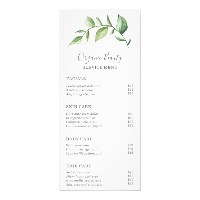 Simple Greenery Elegant Rustic Price List Rack Card (Front)