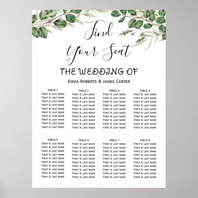 Simple Greenery Elegant Wedding Seating Chart (Front)