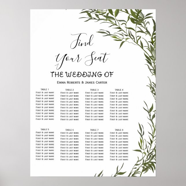 Simple Greenery Elegant Wedding Seating Chart (Front)