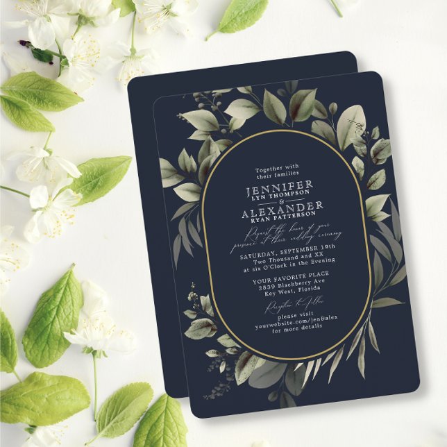 Simple Greenery Eucalyptus Dark Navy Gold Wedding Invitation (Creator Uploaded)