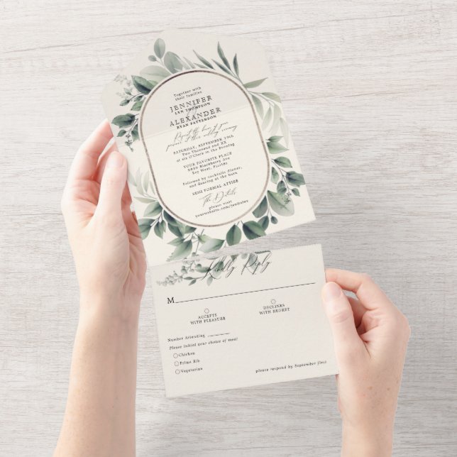 Simple Greenery Eucalyptus & Ivory Wedding  All In One Invitation (Tearaway)