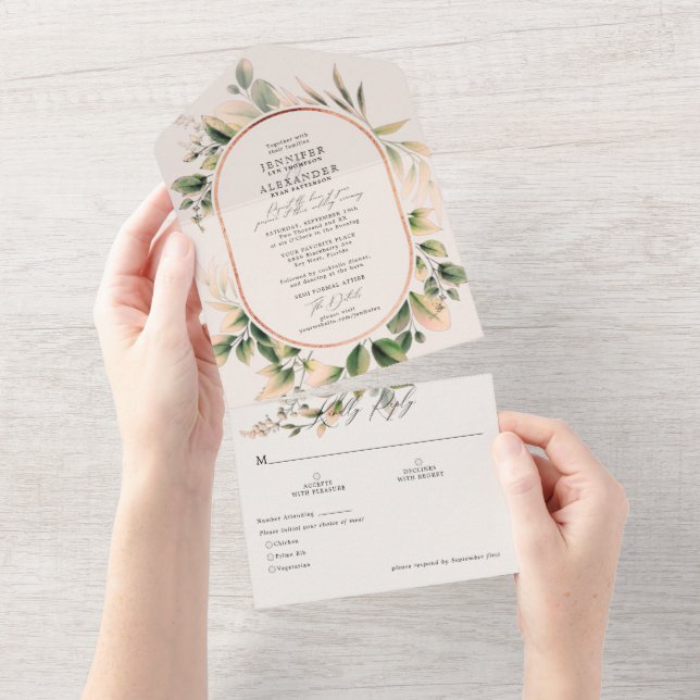 Simple Greenery Eucalyptus & Soft Peach Wedding All In One Invitation (Tearaway)