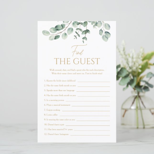 Simple Greenery Find The Guest Bridal Shower Game (Standing Front)