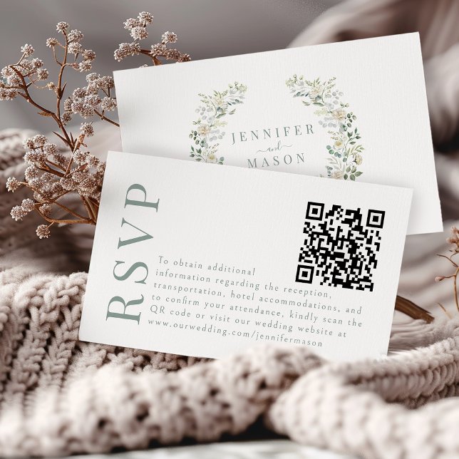 Simple Greenery Floral Wedding RSVP QR code card (Creator Uploaded)