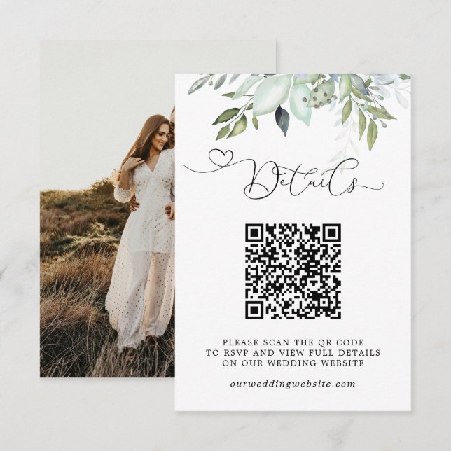 Simple Greenery Foliage QR Code & Photo Wedding Enclosure Card (Front/Back)