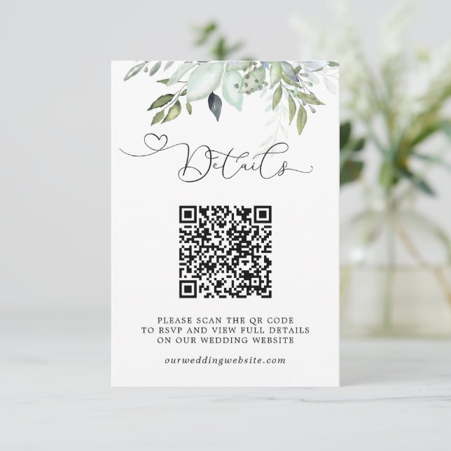 Simple Greenery Foliage QR Code Wedding Details Enclosure Card (Standing Front)