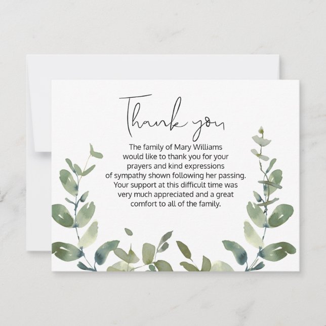 Simple Greenery Funeral Thank You Note Card (Front)
