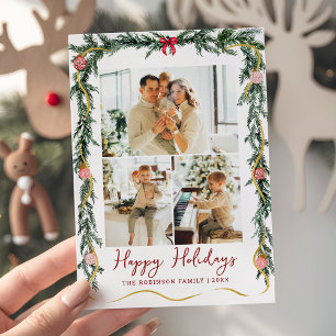 Simple Greenery Garlands Happy Holidays 3 Photo Holiday Card