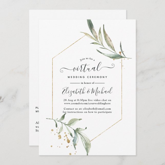 Simple Greenery Geometric Online Virtual Wedding Invitation (Front/Back)
