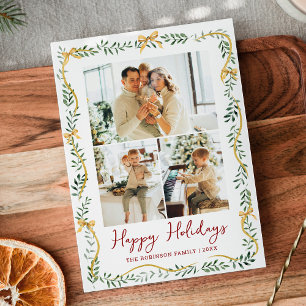 Simple Greenery & Gold Bows Christmas 3 Photo Holiday Card
