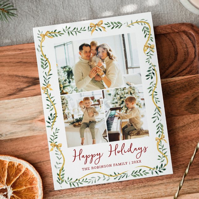 Simple Greenery & Gold Bows Christmas 3 Photo Holiday Card (Creator Uploaded)