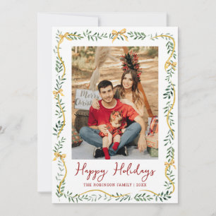 Simple Greenery & Gold Bows Happy Holidays Photo Holiday Card