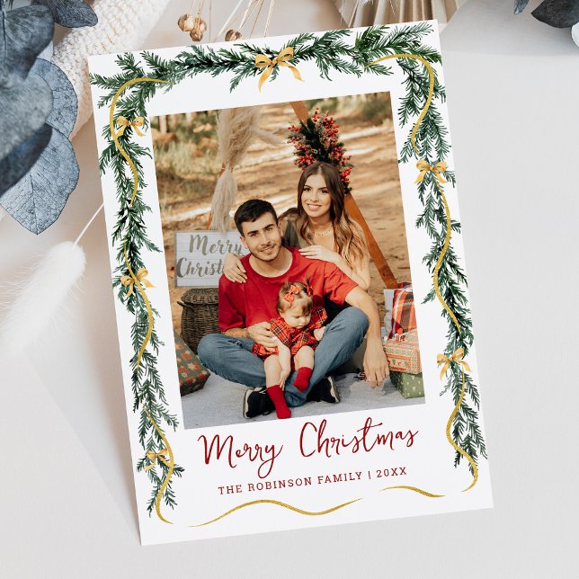 Simple Greenery Gold Bows Merry Christmas 1 Photo Holiday Card (Creator Uploaded)
