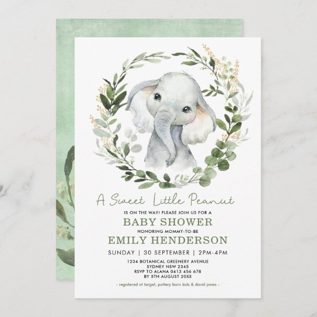Simple Greenery Gold Elephant Baby Shower Sprinkle Invitation (Front/Back)