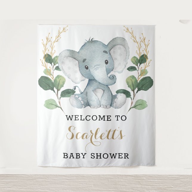 Simple Greenery Gold Elephant Baby Shower Welcome Tapestry (Front)