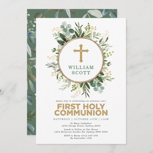 Simple Greenery Gold Leaves First Holy Communion Invitation (Front/Back)
