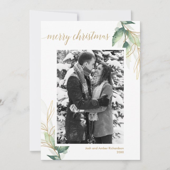 Simple greenery gold modern Christmas photo card (Front)