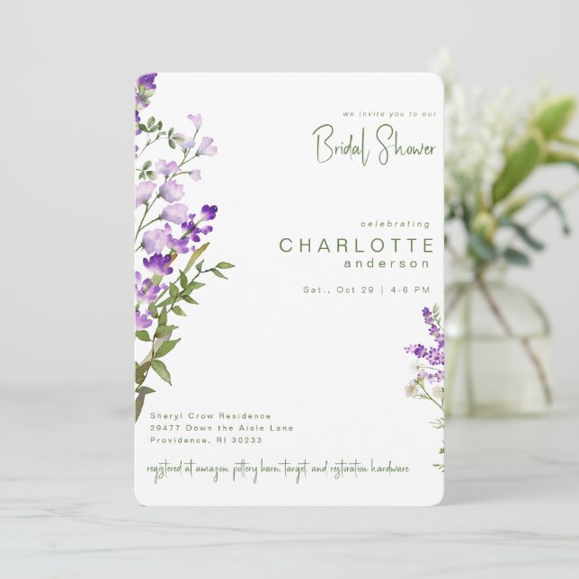 Simple Greenery Lavender Rounded Bridal Shower Invitation (Standing Front)