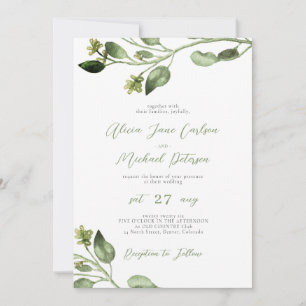 Simple greenery leaves elegant script wedding invitation