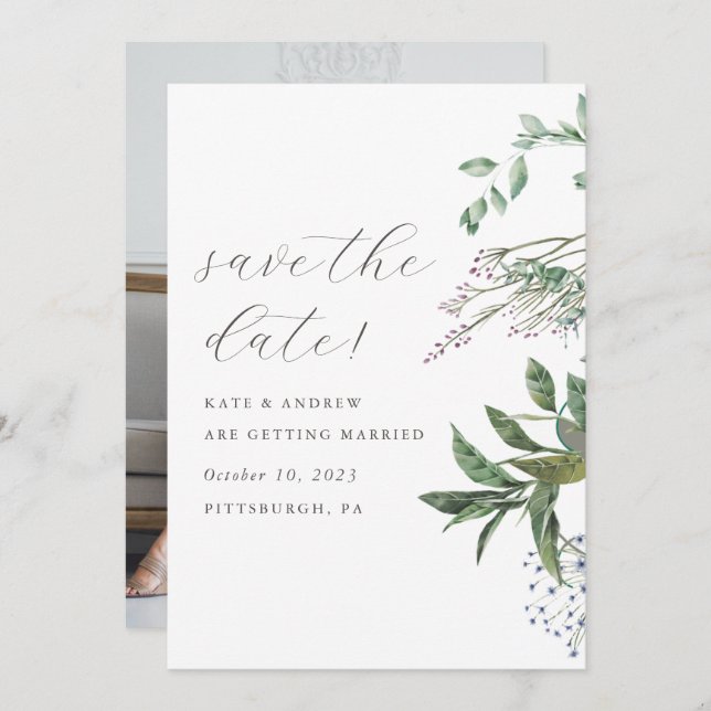 Simple Greenery Meadow Wedding Photo Save the Date (Front/Back)