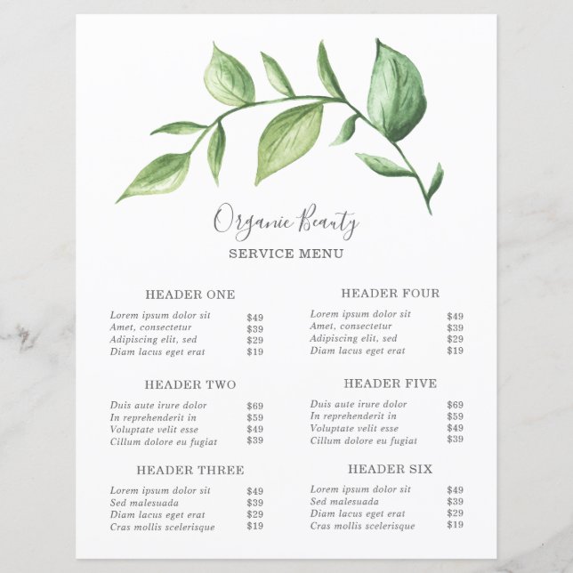 Simple Greenery Modern Elegant Rustic Price List (Front)