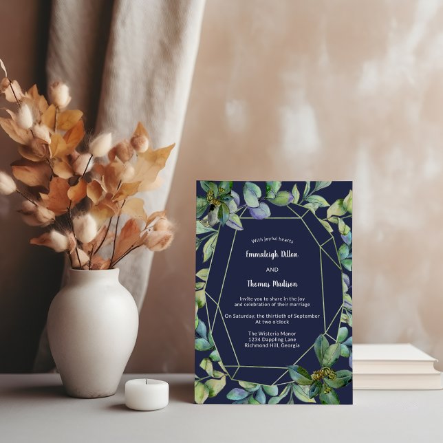 Simple Greenery | Navy Geometric Wedding Invitation (Creator Uploaded)